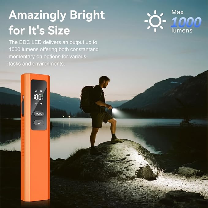 5-in-1 Rechargeable EDC Flat Flashlight, High Lumens Pocket Torch with White LED, Green, UV, Magnetic Base & Clip, Compact Flat Flashlight for Camping, Emergency, Work with Bag (Orange)