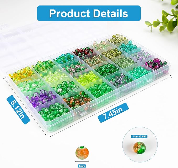 XSEINO About 1200pcs 6mm Crack Glass Beads Bracelet Making Kit, 24 Style Crack - Image 3