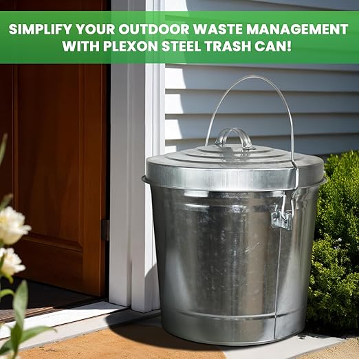 Plexon Metal Trash Can with Locking Lid Outdoor Storage Bucket for Bird Seed Ash 6-Gallon Galvanized Steel 6 Pack