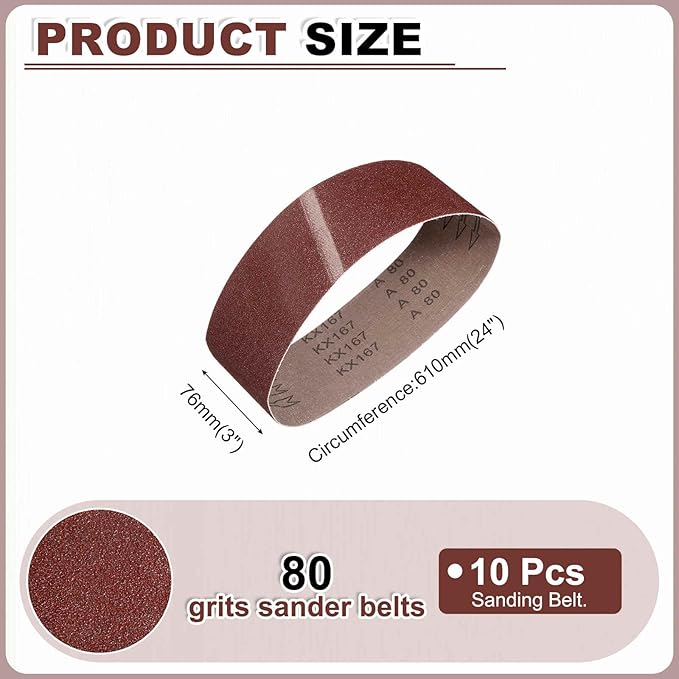 HARFINGTON 3 x 24 Inch Sanding Belts, 10 Pcs 80 Grits Aluminum Oxide Abrasive Belt Sander File Belt for Woodworking, Metal Polishing, Knife Sharpener