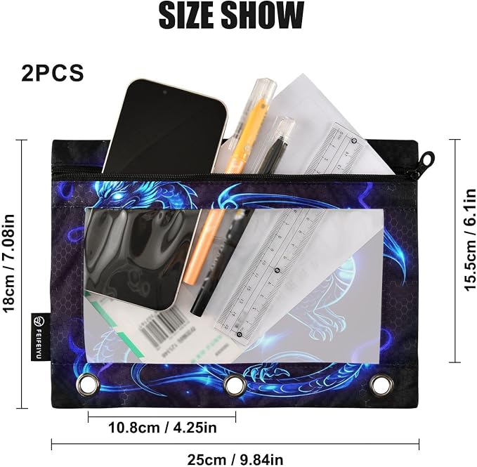 Dragon Blue Black Pencil Pouch for 3 Ring Binder, 2 Pack Waterproof Pencil Bags - Image 3