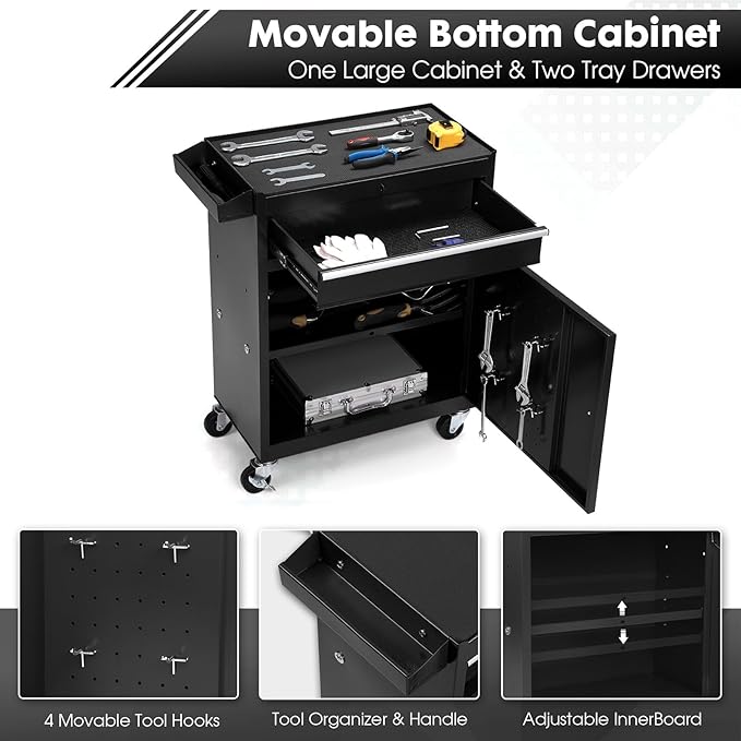 5-Drawer Rolling Tool Chest with Wheels - High Capacity Tool Cabinet with Detachable Top Toolbox for Garage and Workshop Organization - Metal Tool Cart with Liner & 4 Hooks, Black