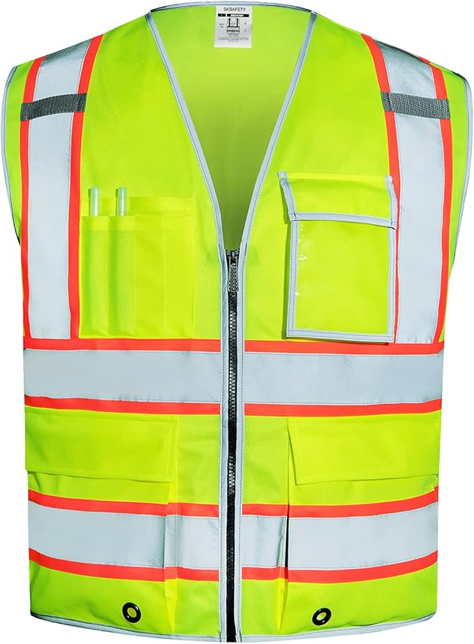 SKSAFETY 10 Pockets Safety Vest, Class 2 High Visibility Security with Zipper, Hi Vis Vest with Reflective Strips, ANSI/ISEA Standard, Construction Work Vest for Men ＆ Women （Lime, 2XL）