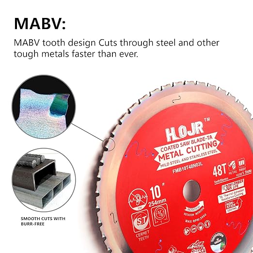 Metal Cutting Circular Saw Blade, Steel and Stainless Steel Cutting, The Cutting Head uses a Special Anti-Heat Sticking Coating with high Finish and Long Life,FMB 10 inch 48-Tooth 1" -TA