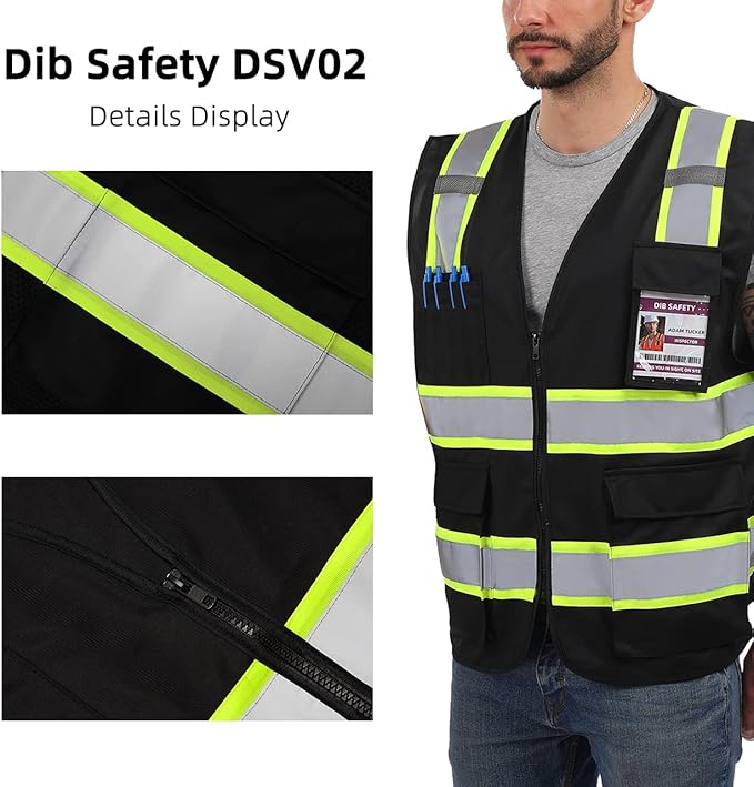 Dib Safety Reflective Vest High Visibility with Pockets and Zipper, Black with Yellow Trim S