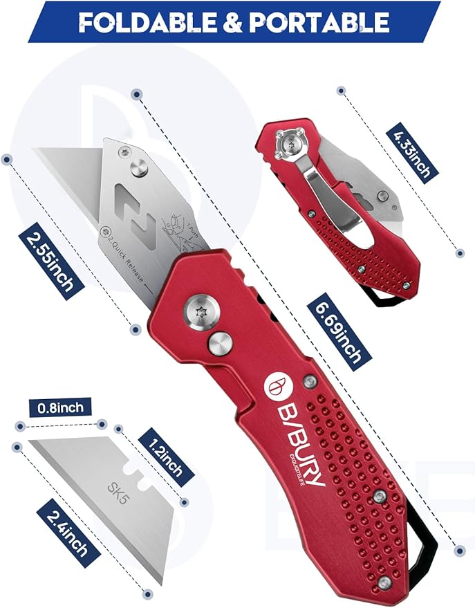 Utility Knife, BIBURY Upgraded Version Heavy Duty Box Cutter, Pocket Carpet knife with 10 Replaceable SK5 Stainless Steel Blades, Belt Clip, Easy Release Button, Quick Change and Safety Lock-Red