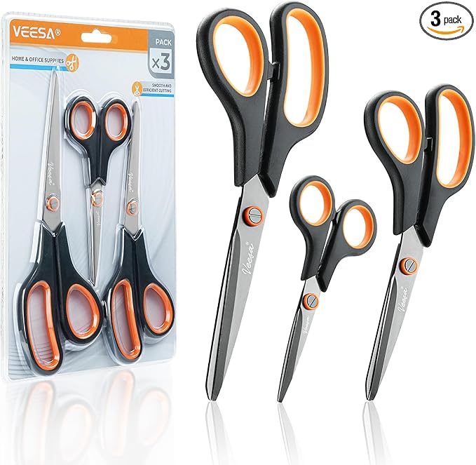 Scissors, 3-Pack Titanium Coated Non-Stick Scissors (8.5’’, 7.5’’, 5.5’’) - Premium All-Purpose Cutting Tools for Craft, Office & Home Use