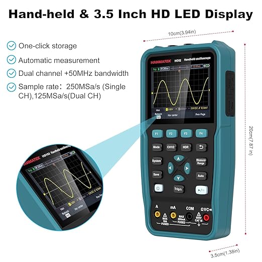 HANMATEK Handheld Digital Oscilloscope 100Mhz Bandwidth with 2 Channels HO102 3.5"TFT Mini Oscilloscope, 2 in 1 Oscilloscope and Multimeter, Backlit Screen, Auto-Calibration Function, Memory Function