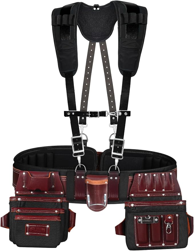 FUERI Tool Belt With Suspender Men Carpenter Pouches Construction Bags Electrician Belts Framer Worker Pouch Bag Holder Organizer 26 Pocket Nylon Leather Black Professional Set - Extra Large