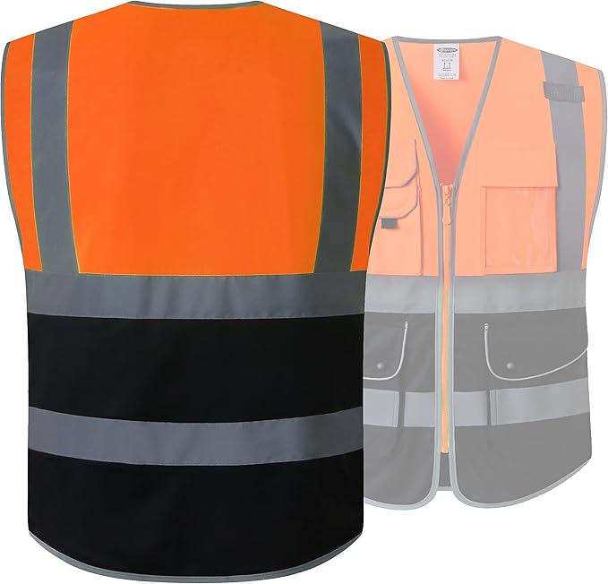 JKSafety 9 Pockets Class 2 High Visible Reflective Safety Vest Zipper Front Breathable Lining Orange-Black Meets ANSI/ISEA Standards(150-Orange-Black,XXL