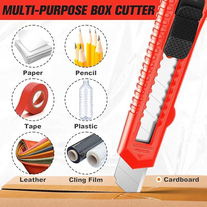 20 Pack Utility Knife, Box Cutter Retractable, Box Knife for Cartons, Cardboard, and Boxes, Box Opener with 10 Pieces 18mm Snap-off Blade, Razor Knife for Office and Home Use, Box Cutters, Red