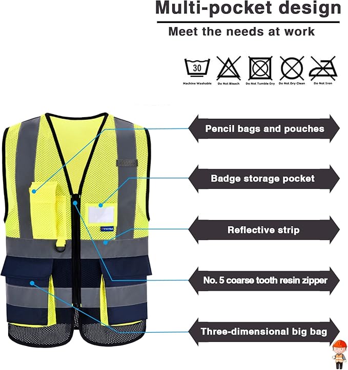 A-SAFETY High Visibility Safety Vest Reflective, 3M Multi Pockets Working Vest Zipper Front Class 2, Yellow&Navy, L