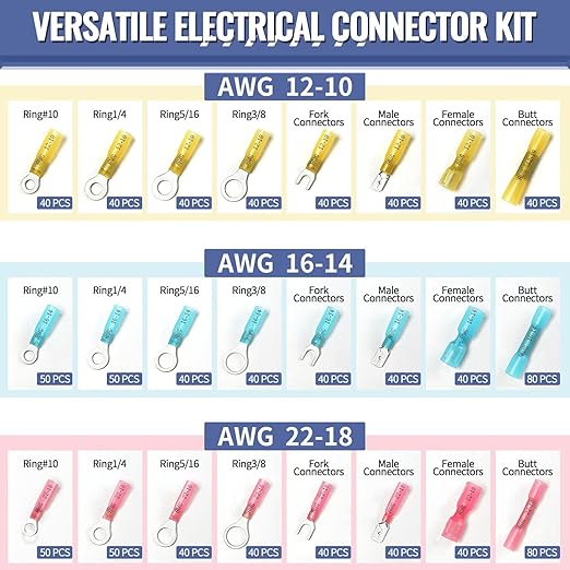 1080PCS Heat Shrink Wire Connectors, Sopoby Marine Grade Electrical Connectors Kit of Tinned Red Copper, Waterproof Crimp Insulated Ring Fork Spade Butt Splice AWG 22-10