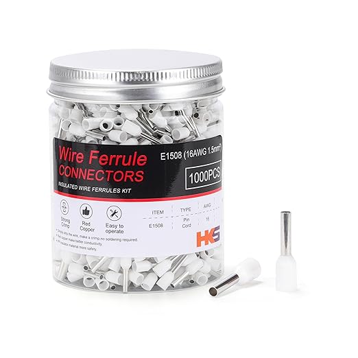 HKS 1000PCS Wire Ferrule Connectors - AWG 16-1.5mm² Copper Barrel Pin Cord Ends Insulated Ferrules Terminals - E1508 White