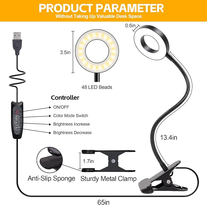 Foneso Desk Lamp Clip on Light, 48 LED USB Lamp - Image 7