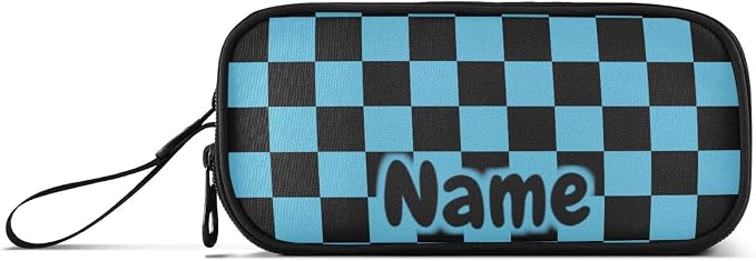 Custom Black Blue Checkered Pattern Pencil Case Box Boys Girls Personalized - Image 6