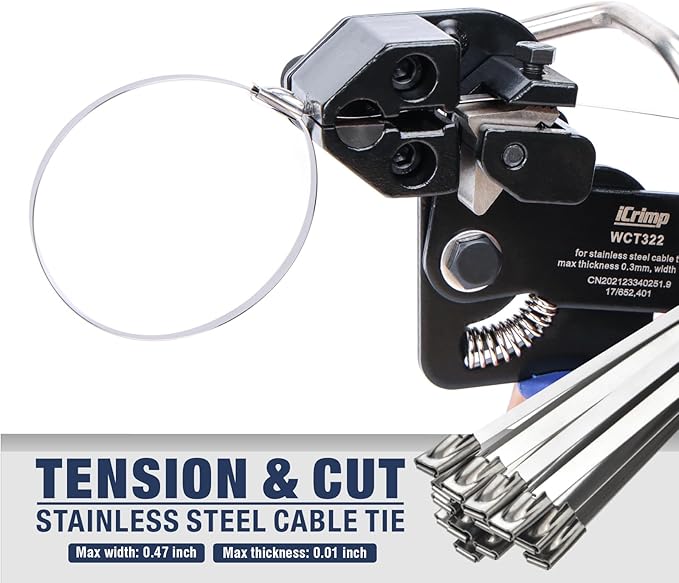 iCrimp Stainless Steel Cable Tie Tool Zip Gun with Built-in Cutter,extra Release Tool and 100pcs 11.8 inch Metal Cable Ties included