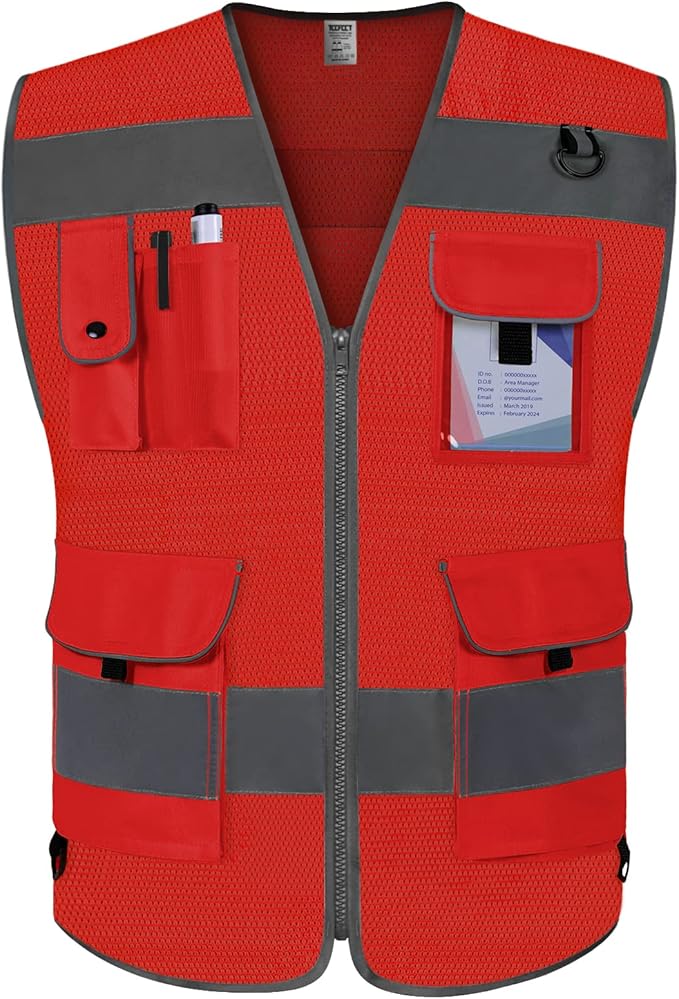 TCCFCCT Red Safety Vest for Men Women 9 Pockets Mesh High Visibility Reflective Vest for Safety, Work Vest with Reflective Strips, Meets ANSI/ISEA Standards, 5X-Large