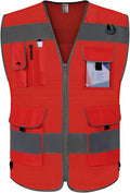 TCCFCCT Mesh Reflective Vest 9 Pockets High Visibility Safety Vest for Men Women, Hi Vis Construction Vest with Reflective Strips, Meets ANSI/ISEA Standards, (Red, Small)
