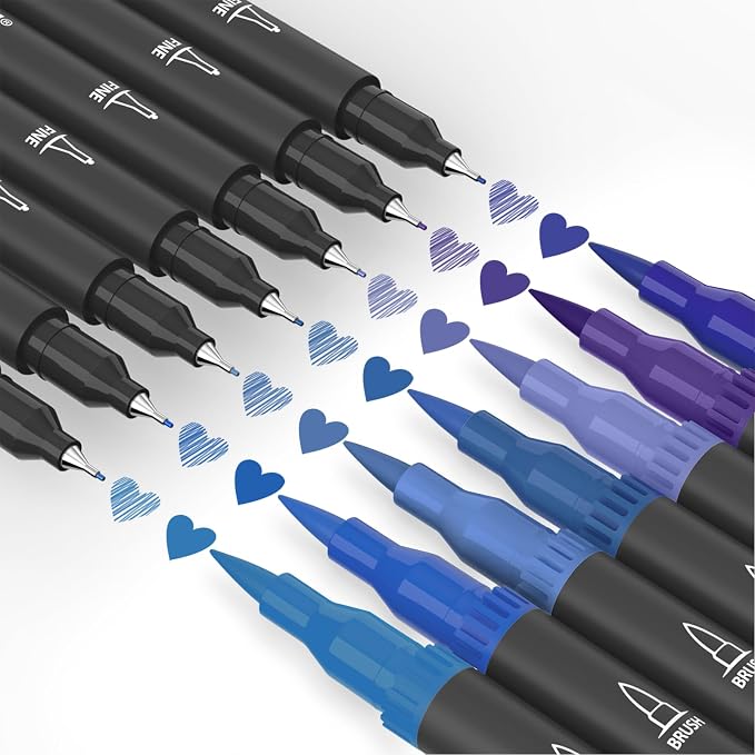 Blue Markers, 12 Pack Dual Brush Pens Drawing Markers - Image 3