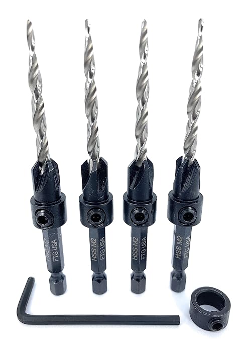 FTG USA Countersink Drill Bit Set 4 Pc #8 (11/64") Wood Bit, Tapered Bit, Stop Collar, Hex Wrench for Woodworking