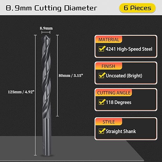 Drill Bit, 8.9mm Cutting Diameter, 4241 HSS Nitriding Black 118° Cutting Angle Versatile Jobber Bits - (Applications: for Drilling Plastic Wood Soft Metal), 6-Pieces