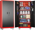 Metal Garage Storage Cabinet with Pegboard, 71''H*32" W*16" D Rolling Tool Cabinets on Wheels with 5 Adjustable Shelves for Garage Home Warehouse Utility Room, Assembly Required,Red and Black