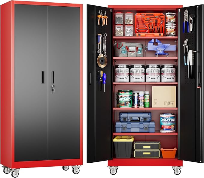 71" Metal Storage Cabinet with Wheels and Pegboard, Lockable Rolling Steel Storage Cabinet with 5 Adjustable Shelves and Door for Garage, Office, Kitchen, Assembly Required,Black and red