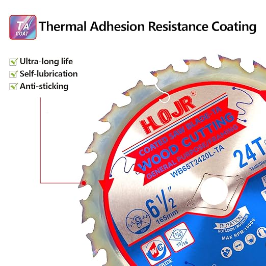 Woodworking Circular Saw Blade TA Series, 6-1/2" Arbor: 5/8", Framing/General Wood Cutting, Cutting Head with Special Anti-Heat Adhesion Coating, Long Life, High Finish, W6-1/2 24T Teeth TA