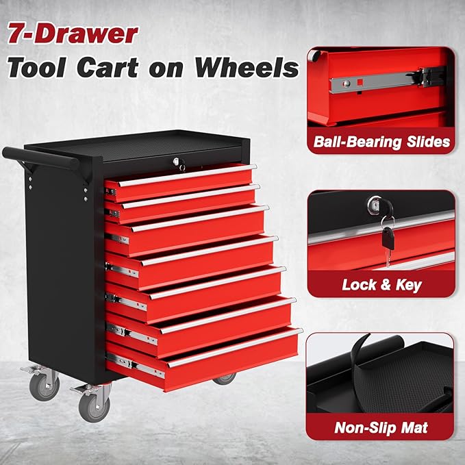 Rolling Tool Chest with Drawers, 7 Drawers Tool Chests & Cabinets, Metal Toolbox with Wheels, Lockable Storage Cabinet, Garage Tool Box with Drawers (BlackRed, 7 Drawers)