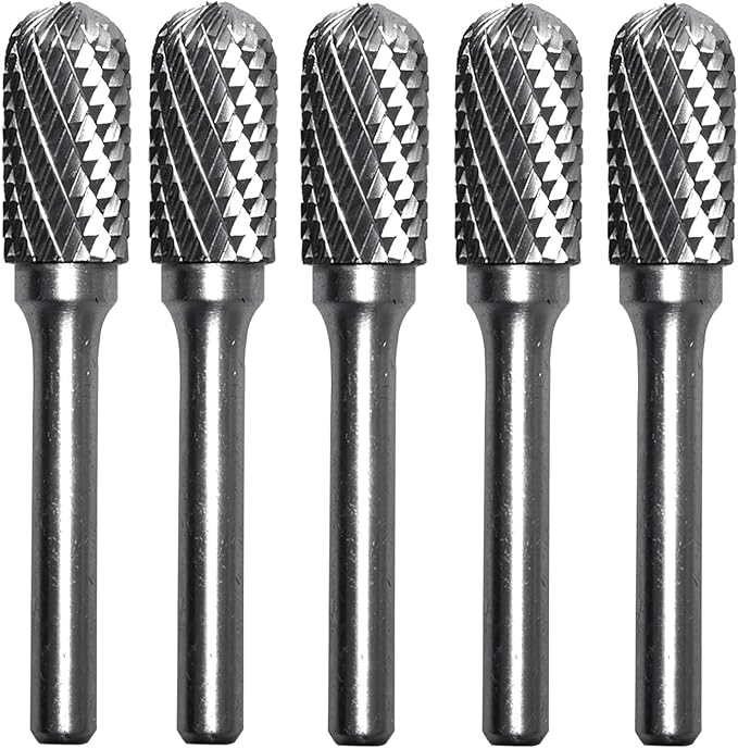 Carbide Burr Set 1/4" Shank SC-5 Die Grinder Bits Tungsten Double Cut Burr Bits (1/2" Cutter Dia X 1" Cutter Length) for Die Grinder Kits Metal Grinding Drilling Polishing (5pcs)