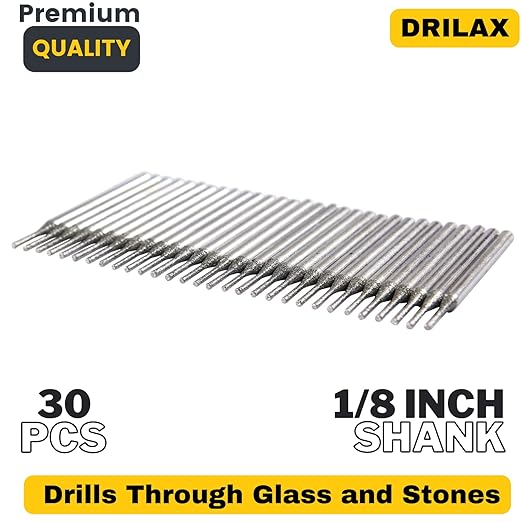 Drilax 30-Piece 1mm Diamond Drill Bits Set – 1/8″ Shank Compatible with Dremel Rotary Tools – Precision Diamond Dremel Bits for Stone, Glass, Ceramic, Sea Glass, Gemstones, Shells & Jewelry Making