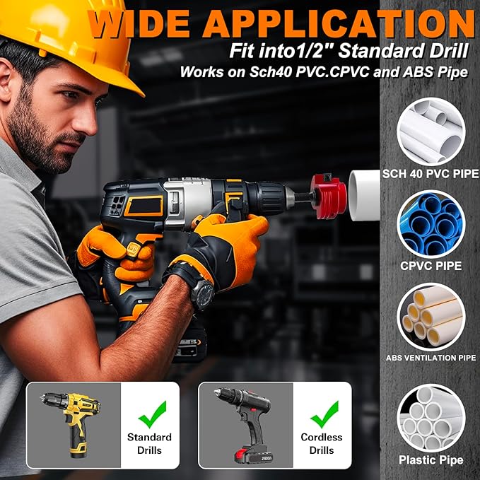 Double-Blade PVC Pipe Reamer Kit (1/2" to 4") 8PCS into Standard 1/2" Drills - Fits PVC, SCH40, ABS, CPVC