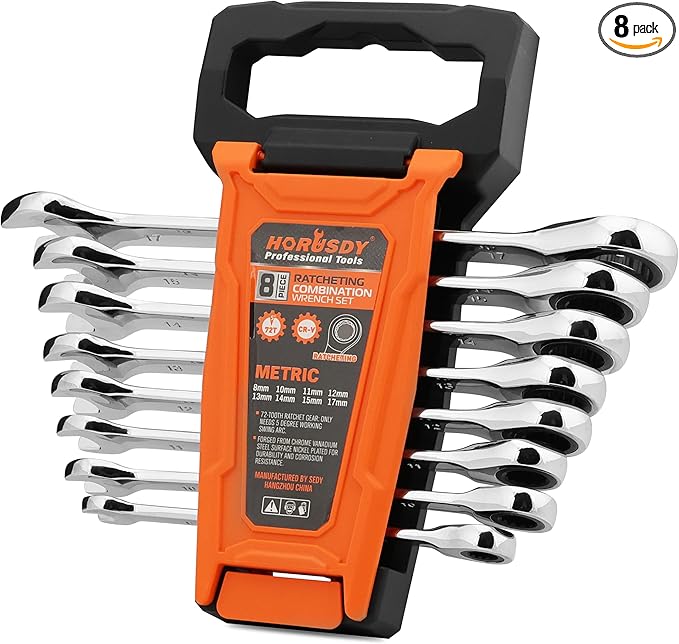 HORUSDY 8-Piece Metric Ratcheting Wrench Set | Ratchet Combination Wrench Set with Organizer | 72-Teeth | 8mm - 17mm | Chrome Vanadium Steel