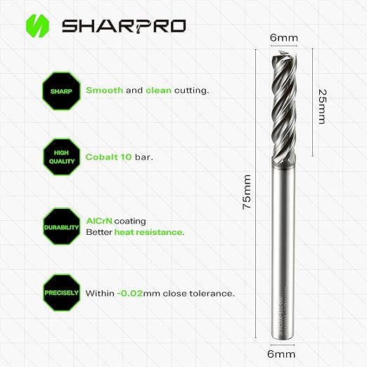 6mm Shank 6mm Cutting Dia. Carbide Square End Mills 4 Flute AlCrN Coated CNC Milling Bits, Apply for Alloy Steel, Stainless Steel, and Various Cast Iron (5PCS)