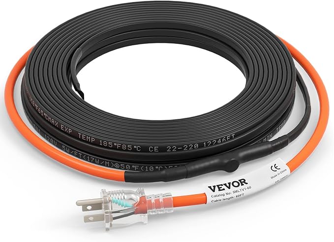 VEVOR Self-Regulating Pipe Heating Cable, 60-feet 5W/ft Heat Tape for Pipes Freeze Protection, Protects PVC Hose, Metal and Plastic Pipe from Freezing, 120V