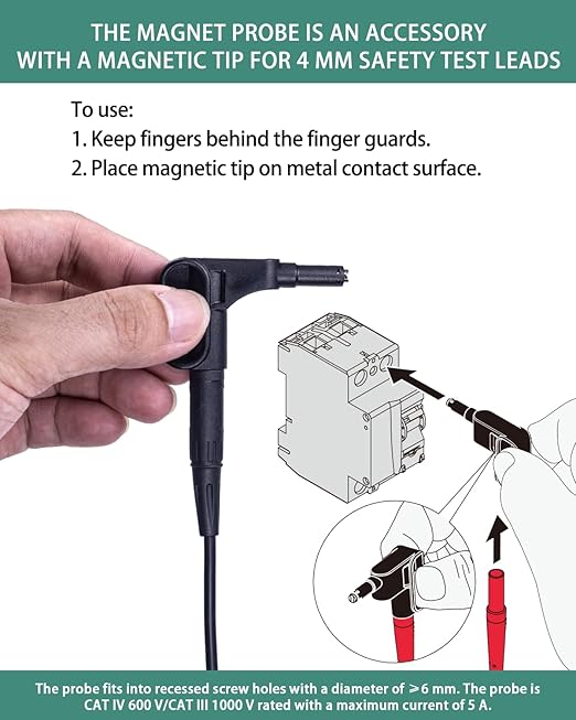 Multimeter Leads Magnetic Probe, 3 Colors Magnetic Voltage Probes for 4 mm Socket Test Lead Kit, Voltage to CAT III 1000 V, CAT IV 600 V Safety Rating