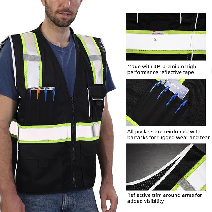 Dib Safety Vest Reflective Black Mesh, High Visibility Vest with Pockets and Zipper, Heavy Duty Vest Made with 3M Reflective Tape M