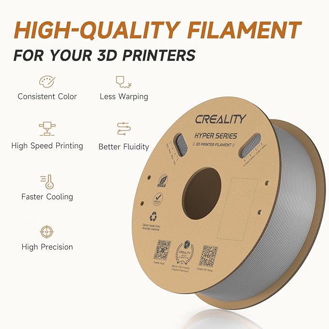 Creality Hyper PLA Filament 1.75mm Grey & Grey 2KG, 30-600mm/s High Speed PLA 3D Printer Filament, 2 Pack 1kg Spool(2.2lbs) PLA, Dimensional Accuracy +/-0.02mm, Fit Most FDM 3D Printer