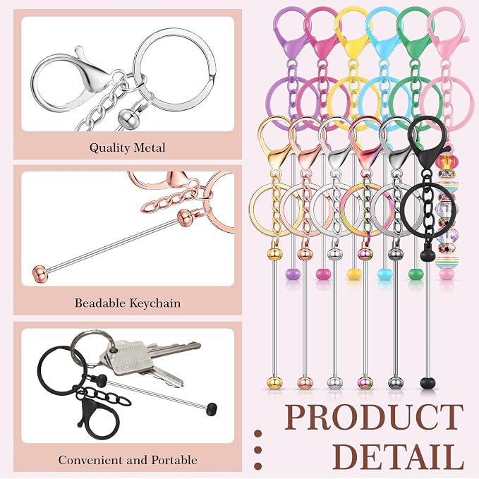 Tondiamo 12 Pcs Beadable Keychains Bars Bulk Blank Beaded Metal Keychain - Image 4