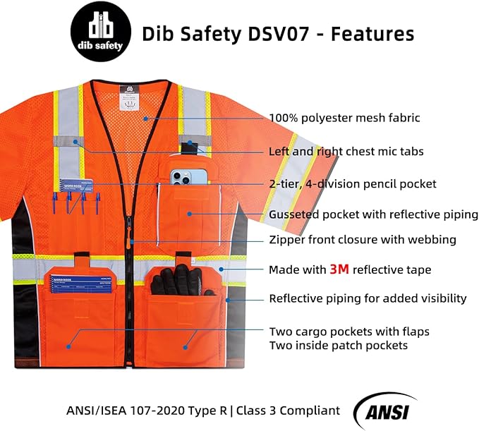 Dib Safety Reflective Mesh Vest ANSI Class 3, High Visibility with Pockets and Zipper, Made with 3M Reflective Tape, Orange M