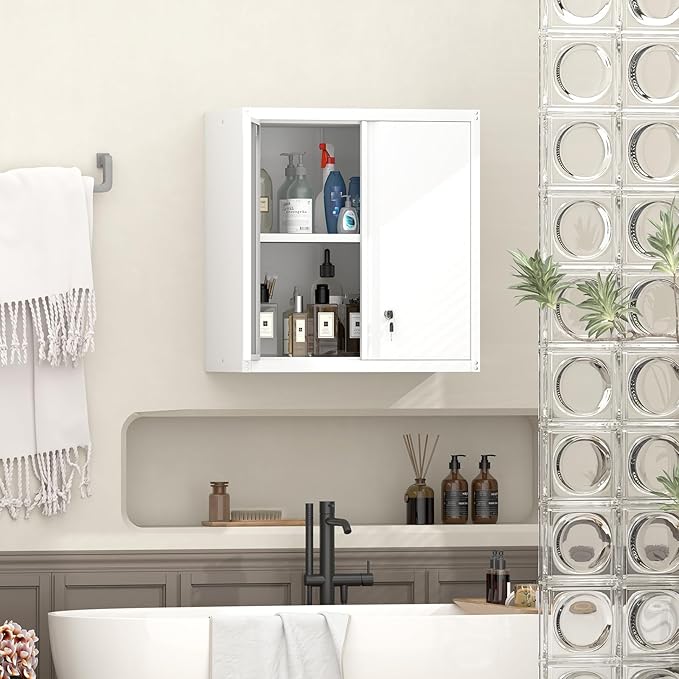 GREATMEET 27.95" H Metal Garage Storage Cabinets, Locking Storage Cabinet, Wall Mount Cabinet for Kitchen, Dining Room, White