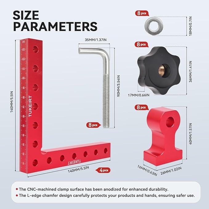 Corner Clamp for Woodworking, 90 Degree Clamp, Right Angle Clamp Woodworking Tools, Aluminum Alloy Positioning Clamping Squares， for Wooden frames (Red)