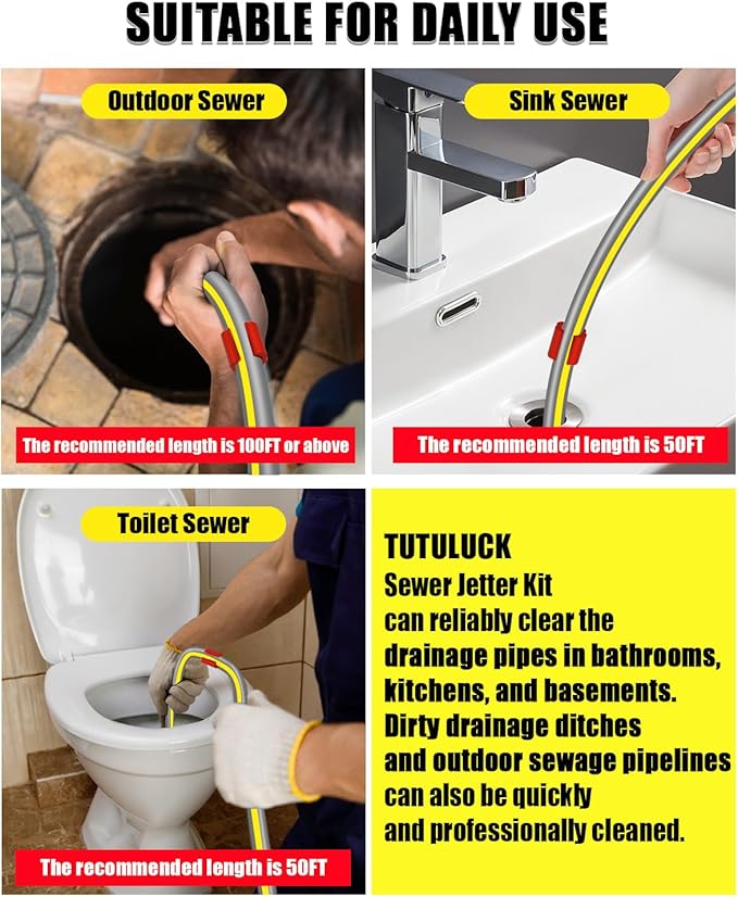 Sewer Jetter Kit for Pressure Washer 50FT, Drain Cleaner Hose 5800PSI 1/4 Inch NPT Corner with Sewer Cleaning Tool High Pressure Nozzle and Spanner Waterproof Tape