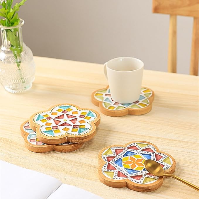 4PCS Mosaic Bamboo Coasters for Crafts, Blank Base Trays, Drinking Cup Coaster - Image 5