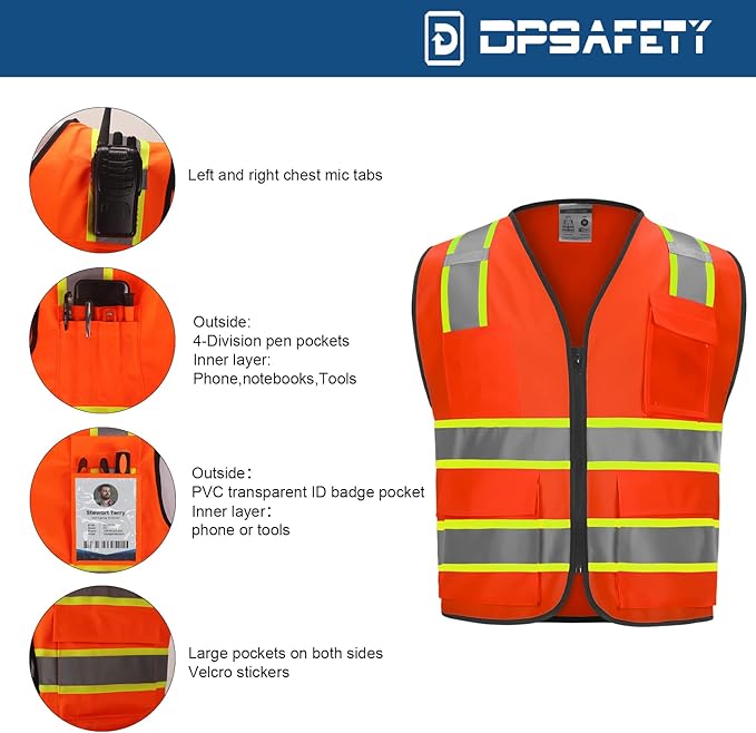9 Pocket High Visibility Class 2 Safety Vest with 2 Inch Wide Reflective Strips and Zipper Construction - Orange, 4XL