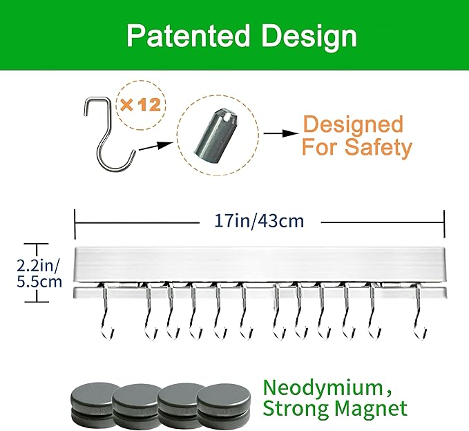 YIIYIIN 17 Inch Magnetic Knife Holder for Wall No Drill,Adhesive Knife Magnetic Strip with 12 Hooks,Kitchen Double Rods Stainless Steel Magnetic Utensil Holder(Silver)