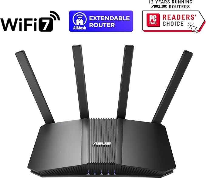 ASUS RT-BE82U Dual-Band WiFi 7 (802.11be) Smart AiMesh Extendable Router, 6500 Mbps, Five 2.5GbE Ports, 4096-QAM, Up to 3 SSIDs for IoT Devices, Parental Controls & VPNs, Advanced Network Security