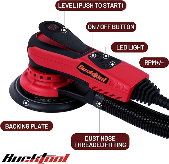 Bucktool 3.0 Amp 6 Inch Orbital Sander Brushless Motor, 4000-10000 Variable Speed, 5mm Orbit Diameter, with Precision Dust Control & 4 Sanding Pads