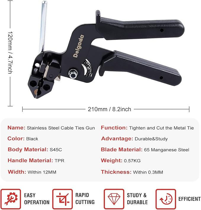 Delgada Metal Zip Tie Gun for Stainless Steel Tie Wrap,Tensioning Installation Gun for Self-Locking Stainless Zip Ties,Tie Fasten Plier—Tightening Cutting Width 12mm